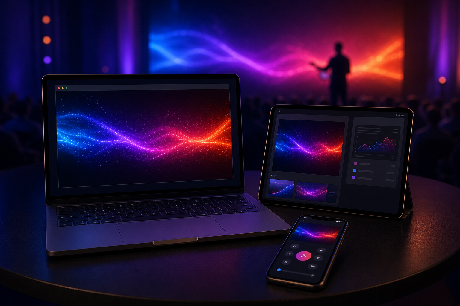 Mac, iPad, and phone showing Emciee's split presenter workflow