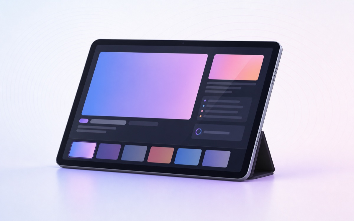 Realistic tablet showing the private presenter view with slide panes and filmstrip