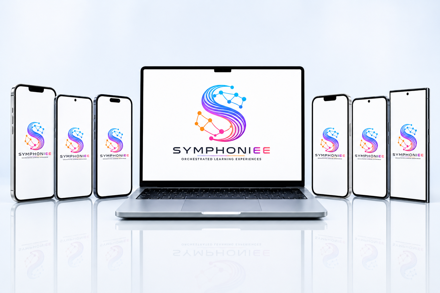 Laptop and phones showing Syomphoniee in sync