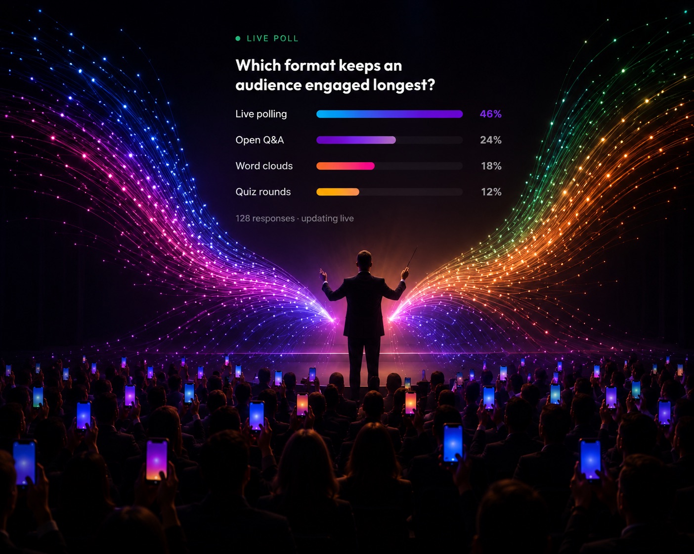A presenter conducting an audience whose phones light up in sync